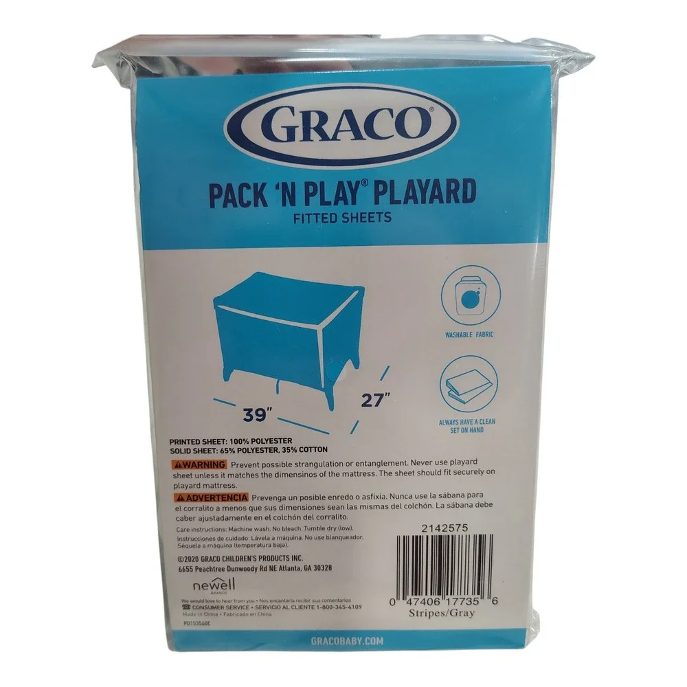 NEW Graco Pack‎ N Play Playard Fitted Sheets 2 Pack Stripes Gray Neutral 39
